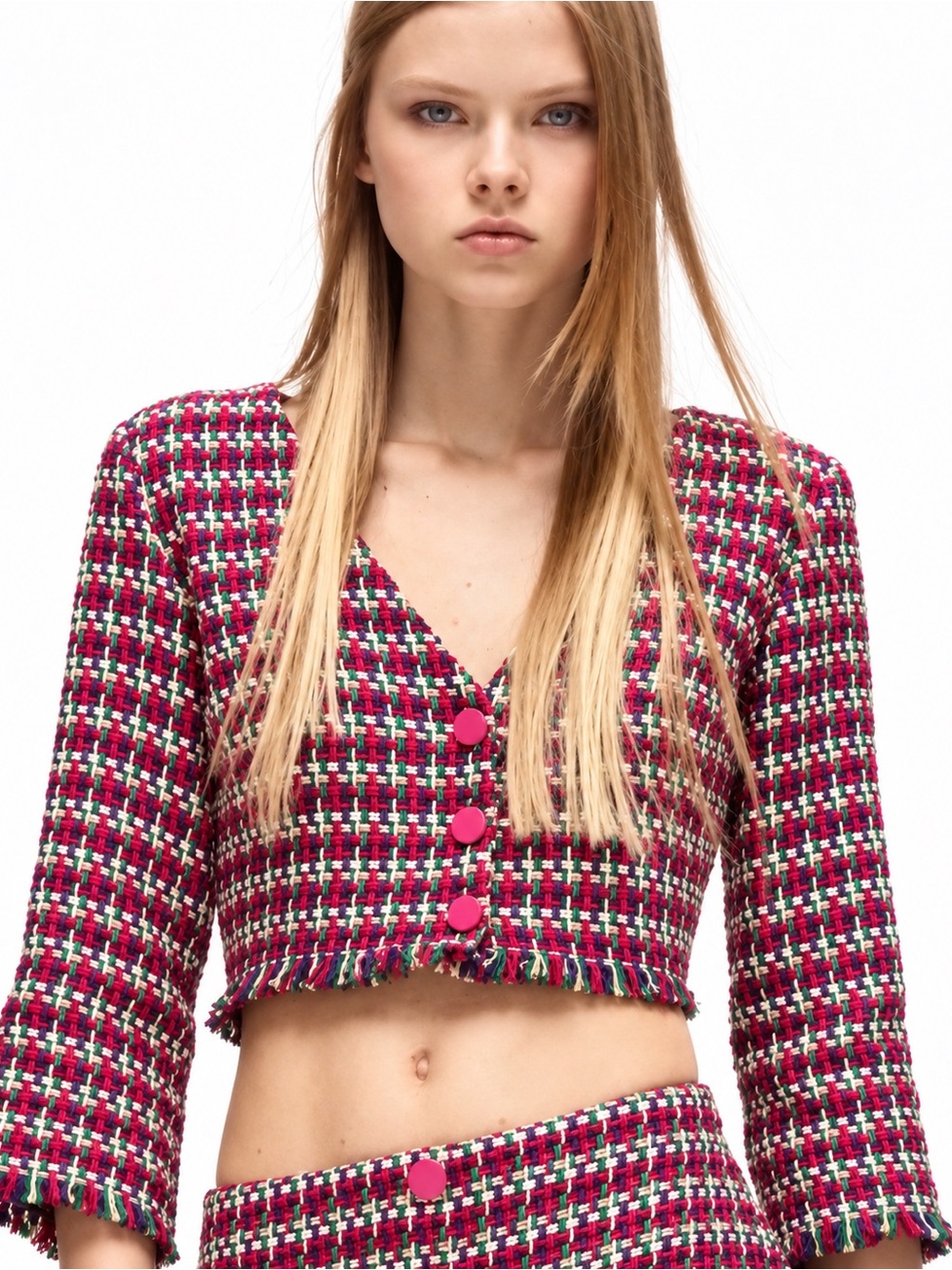 ZARA Textured Frayed Tweed Cropped Top Jacket Multicolor Pink Green | size small